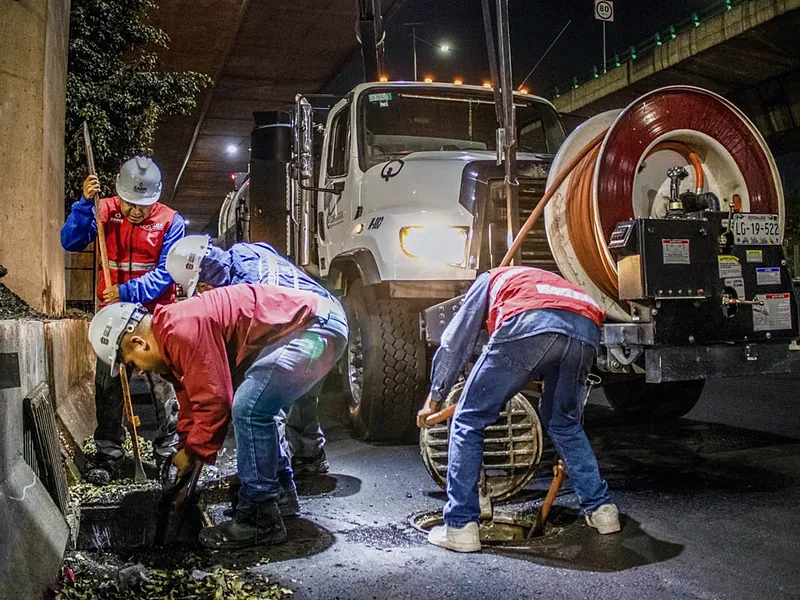 Cuadrilla de Plomería Vázquez trabajando en un servicio nocturno con equipo profesional